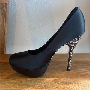 Steve Madden Black Satin Platform Pump with Crystal-Studded Heel